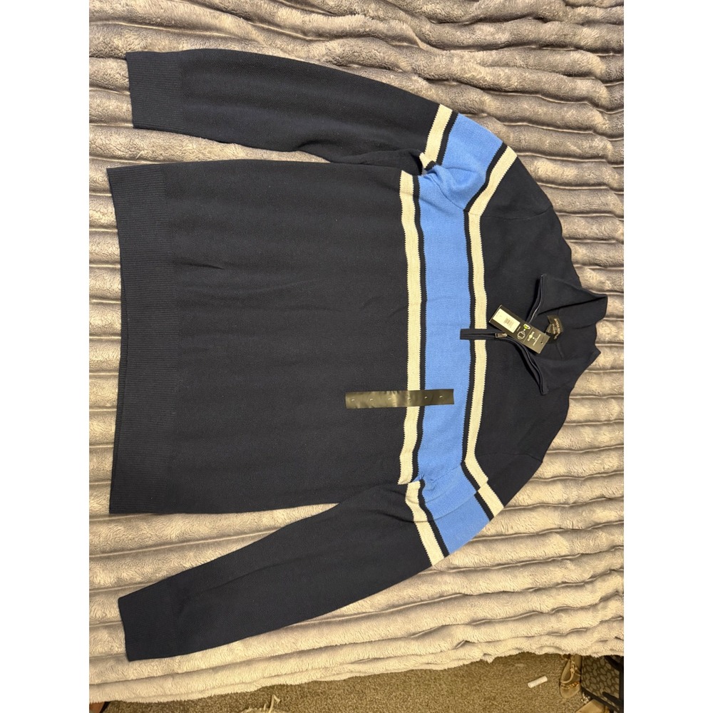 Banana Republic Heritage Silk Cotton Cashmere Quarter Zip Navy Striped Sweater L